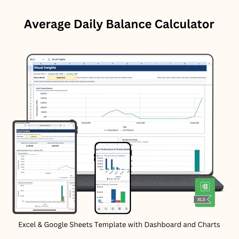 Average Daily Balance Calculator – Excel & Google Sheets Template with Dashboard and Charts